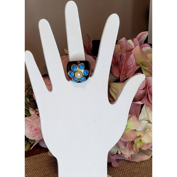 Vintage Mahogany Hardwood Wooden Shank Genuine Pearl, Faux Turquoise 80's Ring - Picture 1 of 9